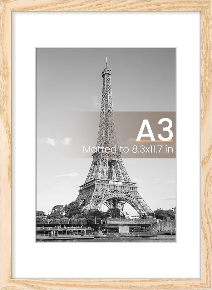 upsimples A3 Picture Frame, Display Pictures 8.3x11.7 with Mat or 11.7 x 16.5 Without, Wall Hanging Poster Frames, Natural Style, 1 Pack