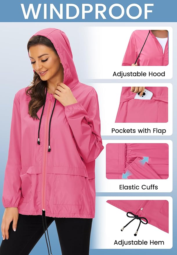 Zando Lightweight Rain Jacket Women Packable Waterproof Raincoat with Hood | Windbreaker Jacket Women, Light Raincoats for Drizzle, Rain Coats for Travel, Hiking and Commute