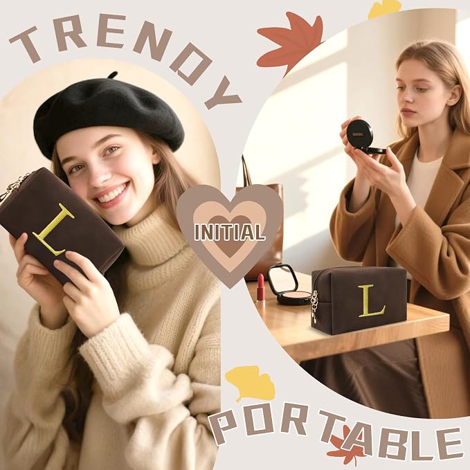 Personalized Initial Makeup Bag,Preppy Suede Cosmetic Bag for Teen Girls,Small Monogram Travel Toiletry Bag With Gold Embroidered Letter,Trendy Stuff Custom Christmas Gift for Women(Coffee-L)