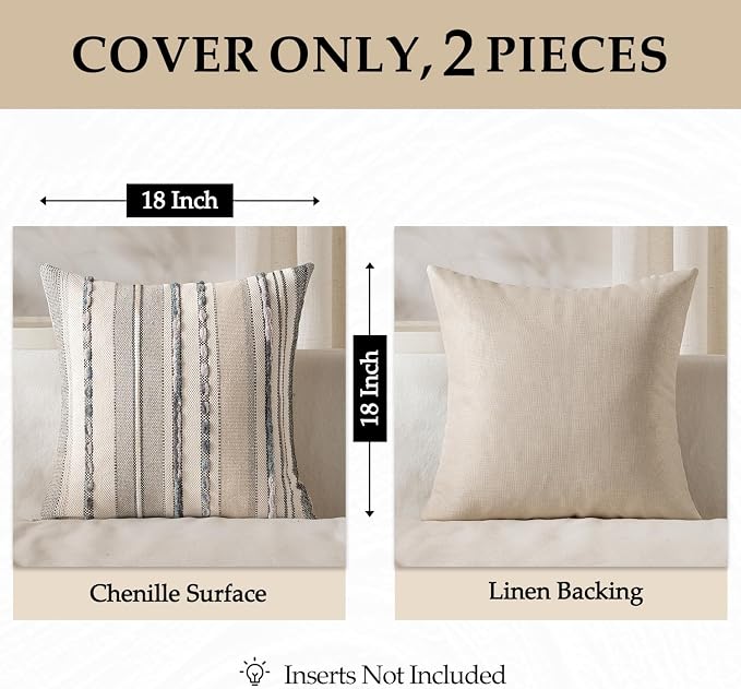 ANRODUO Boho Decorative Throw Pillow Covers Gray Stripe 18x18 Pack of 2 | Throw Pillow Covers, Farmhouse Cushion Case, Chenille Pillow Cases, Pillow Covers, Accent Neutral Pillowcase for Sofa Couch