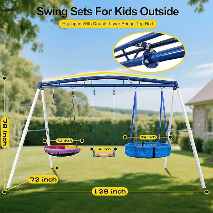 3-in-1 Heavy Duty Metal Swing Set, 800 LBS Capacity, Reinforced A-Frame Outdoor Playset with Locking Toddler Seat & Saucer Swings for Kids & Adults