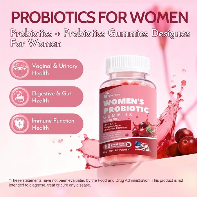 Debloat Gummies- Prebiotic and Probiotic for Women, 60 Count | 200 Billion CFU, 18-in-1 digestive & gut health gummies, daily vaginal & urinary support, sugar-free cranberry flavor