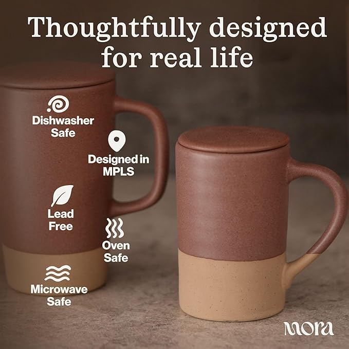 MORA Ceramics Tea Cup with Loose Leaf Infuser, Spoon and Lid, 12 oz, Microwave and Dishwasher Safe Coffee Mug - Rustic Matte Ceramic Glaze, Modern Herbal Tea Strainer - Great Gift for Women, Mushroom