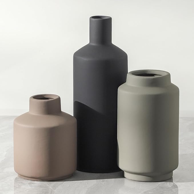 Ceramic Vase Set of 3, Modern Decorative Vases for Home Decor, Small Flower Pottery Vase Sets, Boho Farmhouse Rustic Vases for Living Room, Kitchen, Bedroom, Bathroom, Shelf, Table