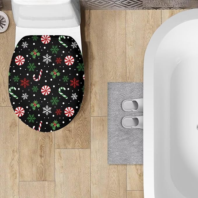 Toilet Seat Cover, Flannel Soft Bathroom Accessories Toilet Lid Cover,Christmas Candy Print Machine Washable Reusable Toilet Seat Cover