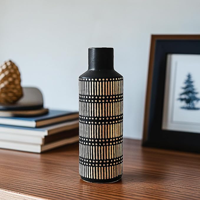 Rustic Ceramic Vase for Living Room Bedroom 11.02'' Black Flower Vase for Bouquet Fake Plant Home Decor Office Table Shelf Fireplace Centerpieces Antique Retro Vintage Classic Modern