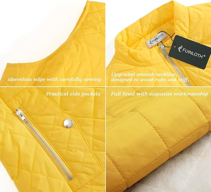 Fuinloth Women's Quilted Vest Lightweight Puffer Stand Collar Zip Gilet | 4 pockets with 2 inner storage. Quilted padded warm gilet. Fall winter outerwear layering vest for travel hiking daily wear.