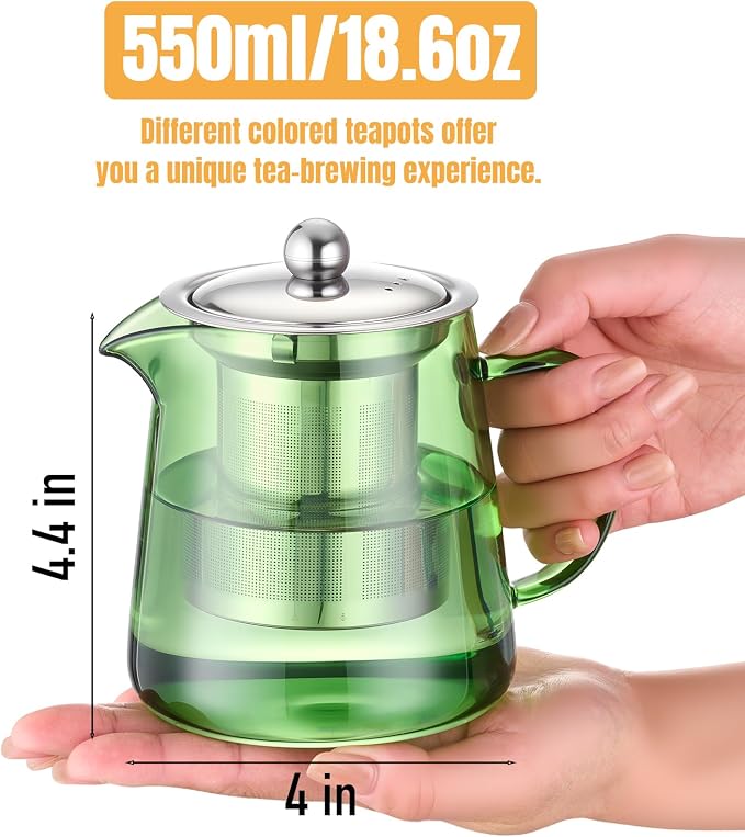 PARACITY Glass Teapot Stovetop 32OZ, Borosilicate Clear Tea Kettle with Removable 18/8 Stainless Steel Infuser, Teapot Blooming and Loose Leaf Tea Maker Tea Brewer (Green, 550ML)