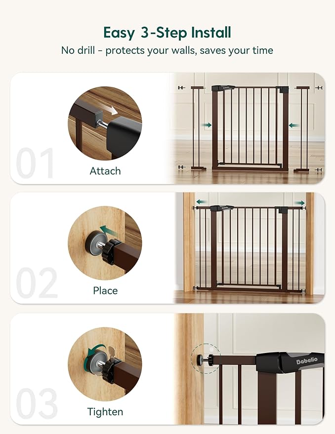 Babelio Baby Gate for Doorways and Stairs, 26-40" Auto Close Dog Gate, PressGuard C5, Easy-Install Pressure Mounted Satey Door, No Drilling Safety Gate for Child and Pets, Brown
