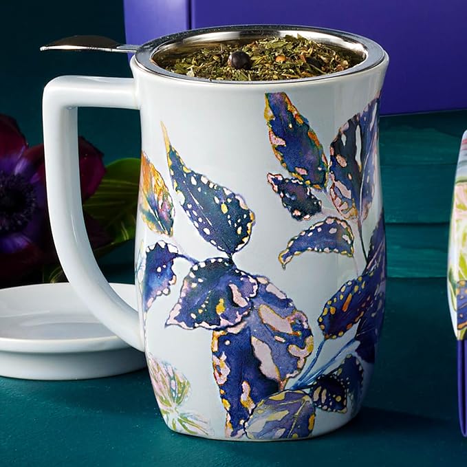 Tea Forte Ceramic Fiore Cup with Handle, Removeable Stainless Steel Infuser Basket and Lid, Steeps 14 oz Loose Leaf Tea, Dishwasher & Microwave Safe, Demoiselle
