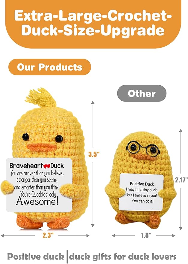 RoomyRoc Inspirational Crochet Duck, Positive Affirmation Duck Toy for Anxiety & Stress Relief, Handmade Mental Health Gifts for Women Men, Cute Home Office Desk Decor for Adults Teens