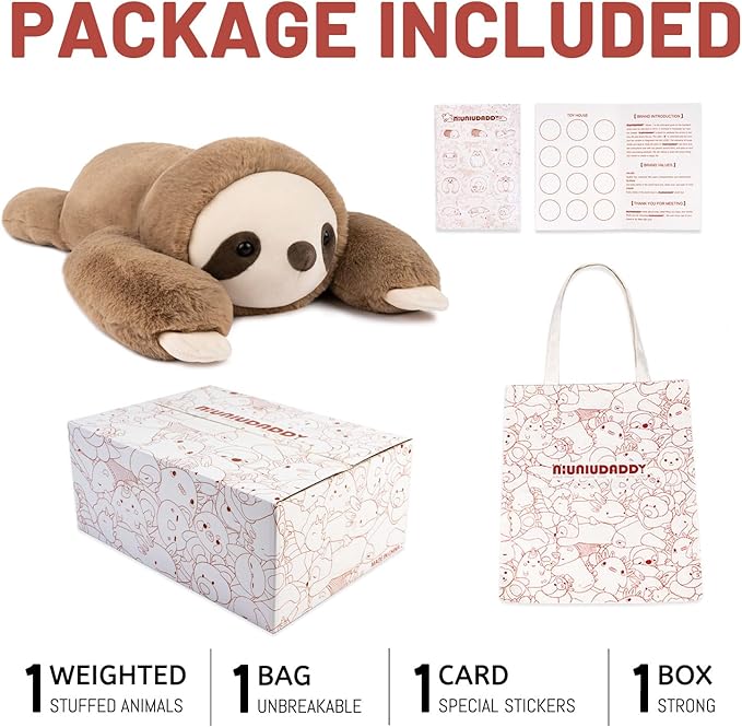 Niuniu Daddy Weighted Sloth Stuffed Animals for Anxiety, Large Plush Animal Pillow Kids Adults, 20in Cute Plushies Toy as Gifts Presents Christmas Birthday, Brown, SET-Above 3lb