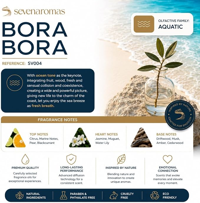 SevenAromas Bora Bora | 45ml 1.5oz Hotel Scent Diffuser Oil | Aquatic | Ginger, Lavender & Cedar Amber | Luxury Home Aromatherapy (Bora Bora)