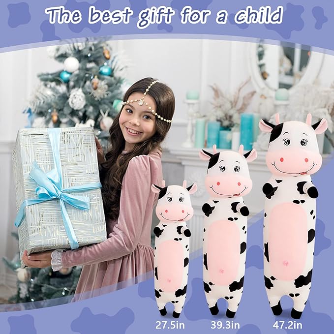 TEFU Lovely Creative Milk Cow Plush Pillow Toys Soft Stuffed Cartoon Animal Cattle Doll Bedroom Sleeping Pillow Cushion,Gifts for Friends Kids (100cm/39.3in)