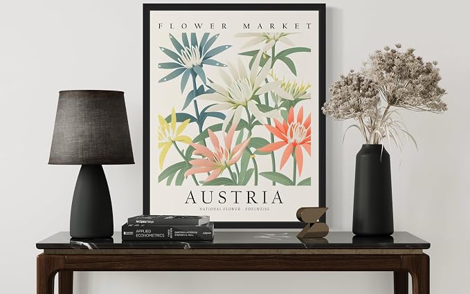 Austria, Edelweiss Art Print Poster, Flower Market Wall Art, Floral Artwork Decor for Bedroom, Kitchen, Bathroom, Livingroom Decoration 52 (Austria, Edelweiss, 10" L x 8" W, Black Frame)