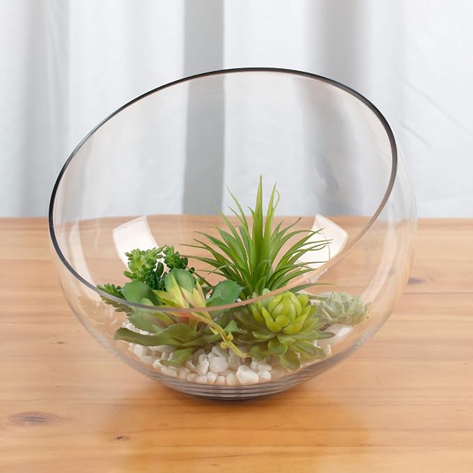 WGV Slant Cut Bowl Glass Vase, Width 11", Height 9.5", Clear Terrarium, Candy Dish, Fruit Jar, Floral Container for Wedding Party Event, Home Office Decor, 1 Piece