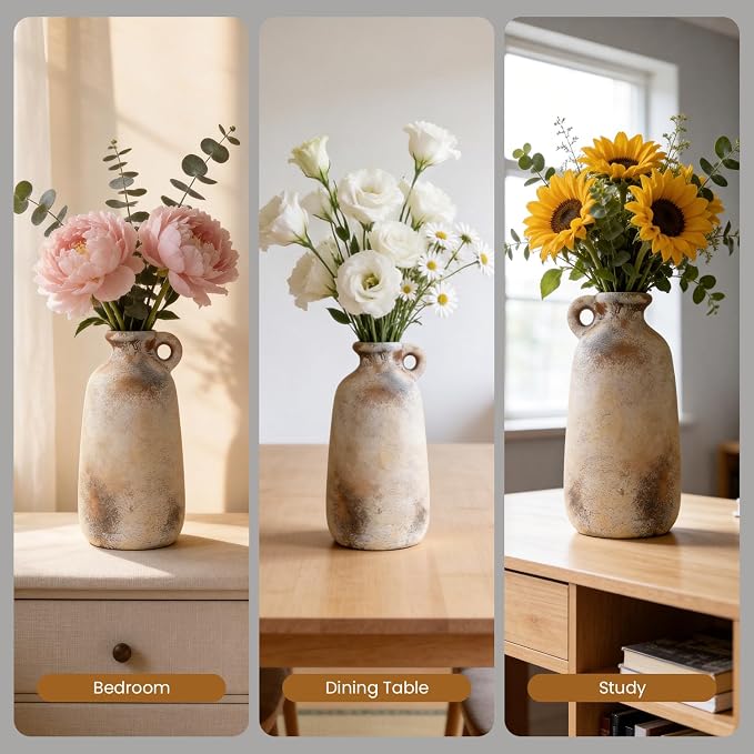 Ceramic Flower Vase, 10.1" Rustic Farmhouse Vase with Glazed Interior, Decorative Pottery Vase for Fresh Flowers, Pampas Grass, Living Room, Dining Table, Mantel and Shelf Decor