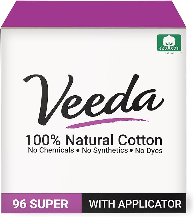 Veeda 100% Natural Cotton Tampons - Super Absorbency with Leak Proof Protection - Compact BPA-Free Applicator - Unscented & Free from Chlorine, Toxin - 96 Count