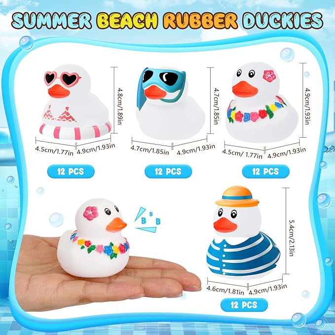 Honoson Summer Beach Rubber Duckies Bulk Mini Rubber Duck Bath Toys Float Bathtub Ducky Cute Squeaky Ducky for Classroom Carnival Summer Birthday Baby Shower Party Favor(White,48 Pcs)