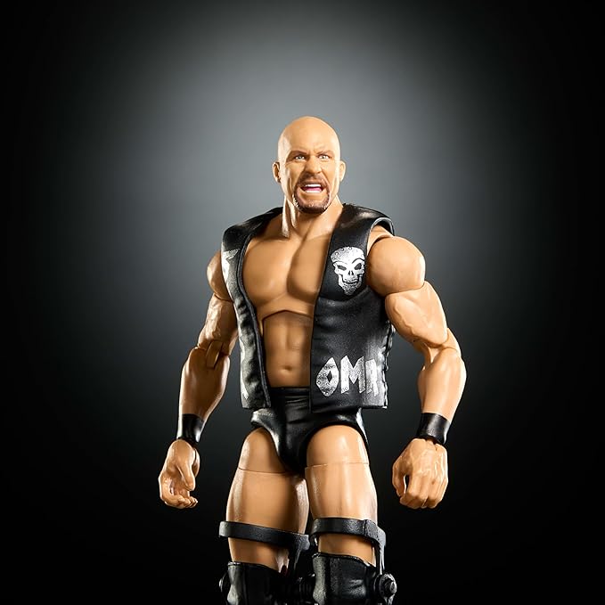 Mattel WWE Elite Action Figure & Accessories, Greatest Hits 2025 Set, 6-inch Collectible “Stone Cold” Steve Austin with 25 Articulation Points & Swappable Hands