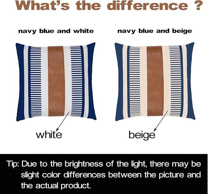 Farmhouse Stripe Pillow Cover 18x18 Boho Accent Cushion Case Faux Leather Decorative Pillowcase,Navy Blue and Beige (Cover ONLY, Pack of 2)