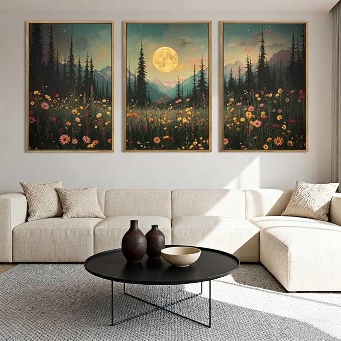 ANHUIB Moon Forest Wildflower Wall Art, Moonlit Pine Tree Wall Decor Dark Mountain Paintings Set of 3 for Living Room Bedroom Dining Room 16x24 Inch