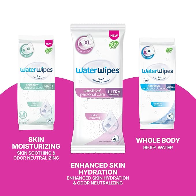 WaterWipes Sensitive Personal Care Ultra, Incontinence Wipes, Odor Removal, Heavy Duty XL Textured Wipes, Fragrance Free, 468 Count (18 Packs)