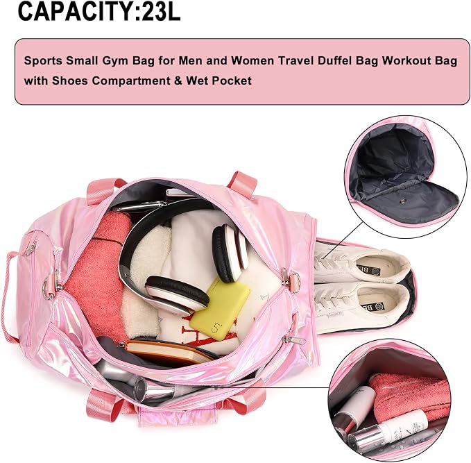 Gym Bag Sports Duffle Bag with Wet Pocket Weekender Overnight Bags with Waterproof Shoe Compartment for Girls Kids Women Travel Dance Yoga Workout Bags (Pink)
