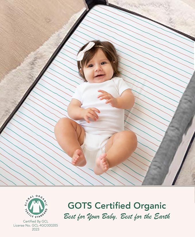 100% Organic Cotton Fitted Travel Crib Sheets, Perfectly Compatible with Guava Lotus, BabyBjorn, Dream On Me and All mattresses 22-26" Wide by 40-44" Long. Strap Holes in Corners. 2 Pk