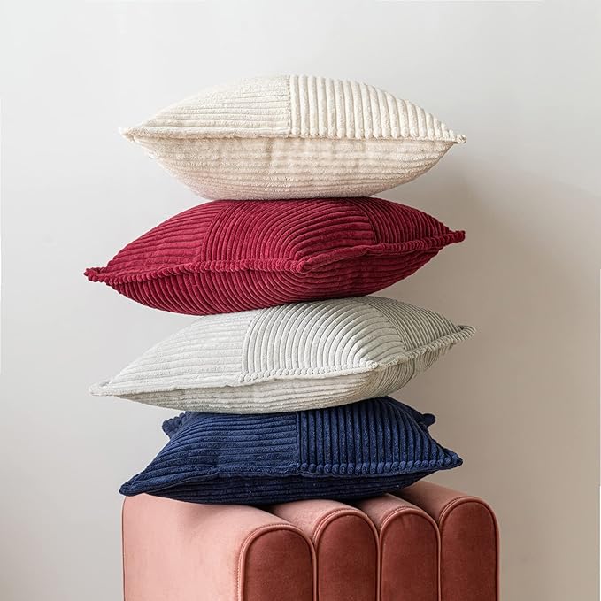 MIULEE Decorative Throw Pillow Covers for Couch 18x18 Inch Burgundy 2 Pack | Boho Broadside Striped Patchwork Pillow Covers, Soft Corduroy Cushion Cases, For Sofa Bed Livingroom Home Decor