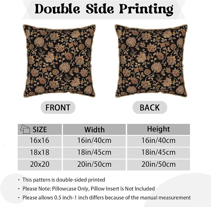 Vintage Tapestry Floral Soft Velvet Throw Pillow Covers Set of 2 Black Brown Bohemian Boho Carpet Flowers Decorative Pillow Covers 18x18 Inch Rustic Retro Rug Pillow Case For Sofa Couch Home Decor