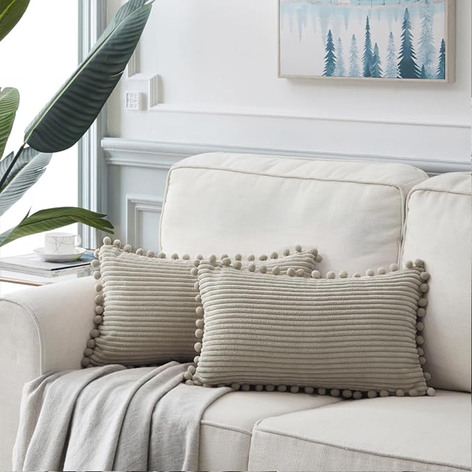 Fancy Homi Pack of 2 Boho Neutral Taupe Lumbar Decorative Throw Pillow Covers with Pom-poms, Soft Corduroy Solid Rectangle Cushion Cases Set for Couch Sofa Bedroom Car(12x20 Inch/30x50 cm)
