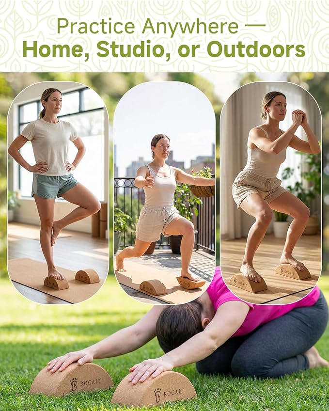 Rocalt Cork Yoga Blocks, Half Moon Foot and Calf Stretching Tool | high-density cork, curved ergonomic shape, 9.4 x 3.3 x 3.9 in, for arches, ankles, Pilates and travel