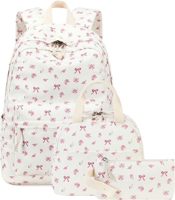Bluboon Teen Girls School Backpack Kids Bookbag Set with Lunch Box Pencil Case Travel Laptop Backpack Casual Daypacks (Beige bow tie)