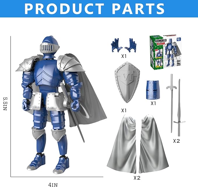T13 Medieval Knight Action Figure, Knight Action Figures Assembly Required Knight Armor Action Figure Multi-Jointed Movable Medieval Action Figures Medieval Knight T13 Figure for Kids & Adults (Blue)