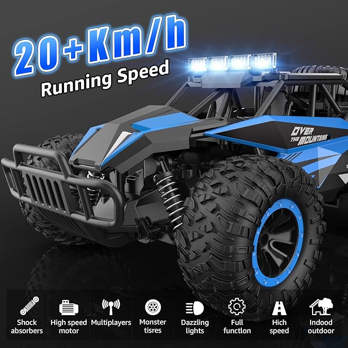 kolegend Remote Control Car, 2.4GZh High Speed 20km/h RC Monster Trucks 30+min with LED Headlight and Rechargeable Battery for Boys Girls Kids