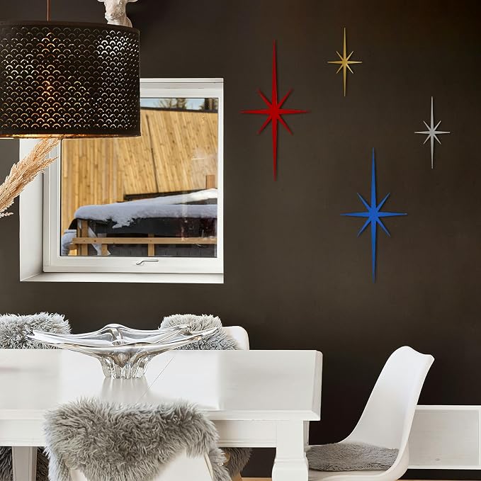 4 Pcs Star Wall Art for Home Decor Living Room Bedroom Office Metal 3D,Bling,with Hanging Hook Starburst Midcentury Sculpture Retro Gallery Accent Celestial -Gold 16.5in/9.4in