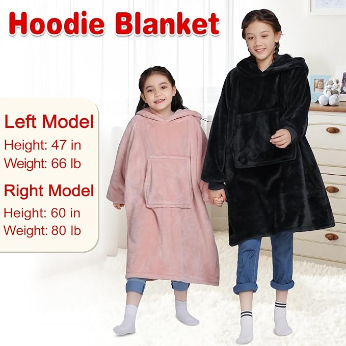 Waitu Wearable Blanket for Kids, Cozy Wearable Blanket Hoodie for Teens Girls Boys, Warm Blanket Sweatshirt Gift for Teenage, Hoodie Blanket with Sleeves and Giant Pocket - Black