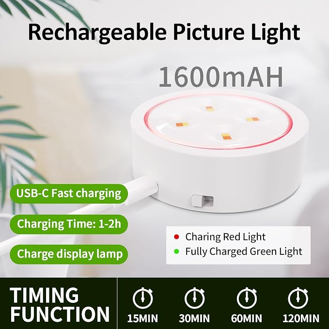 Tututry Picture Lights for Wall, Rechargeable Battery Operated Wireless Magnetic Painting Lights with Remote Dimmable and Timer, Wall Decor Lights with 3 Lighting Modes for Art Display (White, 6Pack)