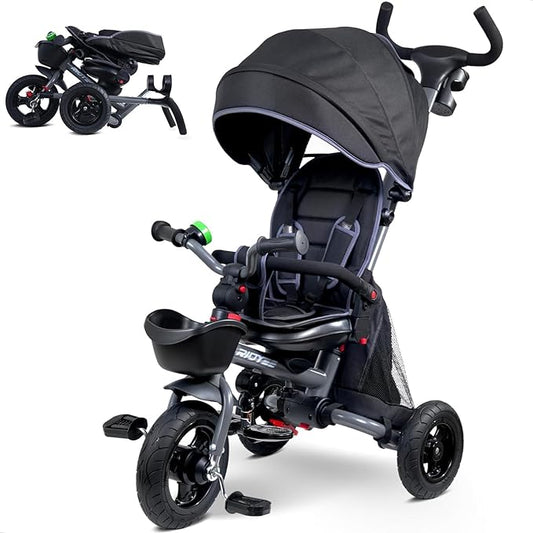 7-in-1 Folding Toddler Tricycle for 18 Months to 5 Years, Tricycle Stroller with Dual Brakes, All-Terrian Rubber Tire, Tricycle for Toddlers with Rotatable Seat, Adjustable Push Handle, Grey