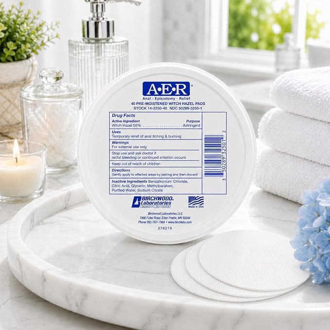 Birchwood Laboratories A-E-R Pre-Moistened Medicated Cooling Witch Hazel Pads For Hemorrhoid & Postpartum Relief, 40 Count