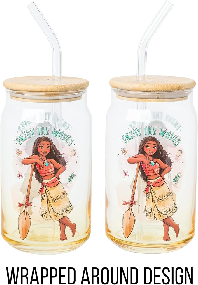 Silver Buffalo Disney Moana “Enjoy The Waves” Glass Tumbler with Bamboo Lid and Glass Straw, 16 Ounces