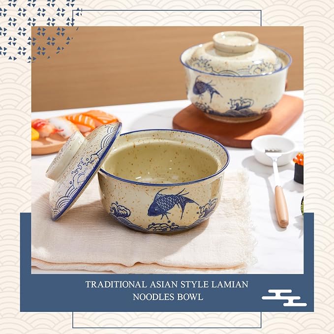 SiliFine Ramen Bowl Set of 2 Ceramic Ramen Bowl with Lid 25oz Microwave Clay Pot Traditional Japanese Tableware Korean Clay Pot for Christmas Soup Salad Meal Rice Home Office(Blue,Oatmeal,Stylish)
