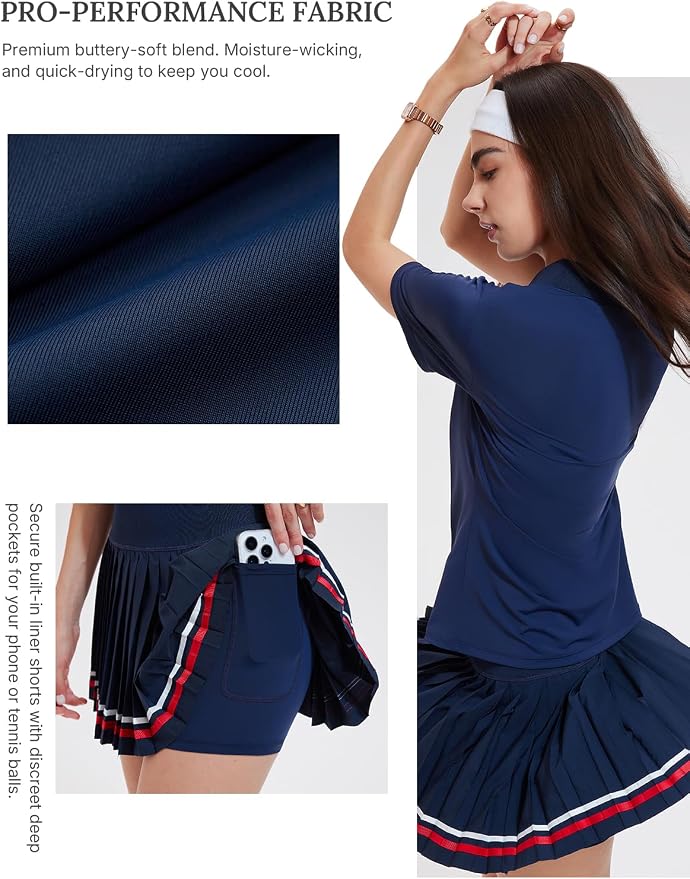 Women 2 Piece Tennis Skirt Set Pleated Golf Outfit, Polo V-Neck Athletic Dress Alternative Skort Set for Pickleball Pockets