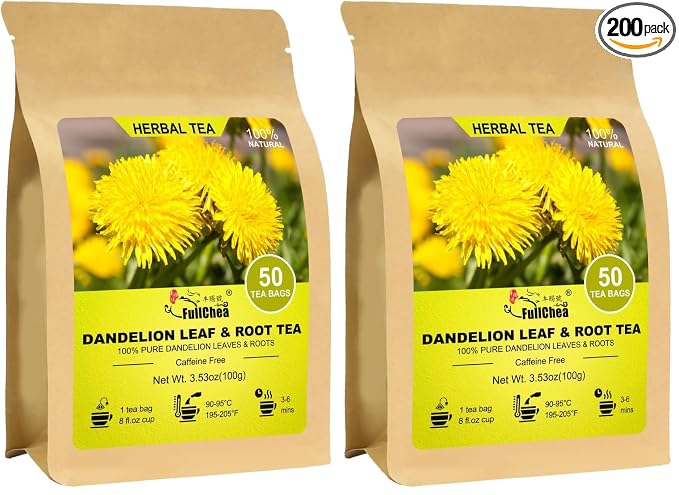 FullChea - Dandelion Leaf & Root Tea bags, 50 Teabags, 2g/bag - Natural Dandelion Herbal Tea for Liver & Kidney Health - Non-GMO - Caffeine-free - Support Digestion & Boost Immune System (Pack of 2)