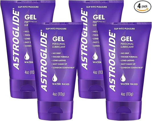 Astroglide Gel, Water-Based Lubricant Sex Gel for Couples, Men and Women (4 oz.) | Stay-Put Personal Lubricant | Long-Lasting Sex Lube | Condom Compatible | Made in The USA (Pack of 4)