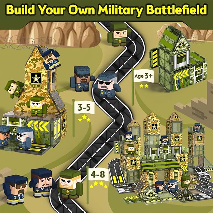 GobiDex 100PCS Army Magnetic Tiles with 6 Toy Soldiers, Military Magnetic Blocks Building Toys for Kids Ages 3-5 4-8, STEM Construction Army Men Toddler Toys Birthday Gifts for 3+ Year Old Boys Girls