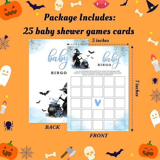 Hilarious Baby Shower Games, 25 Sets Halloween Baby Bingo Game, Blue Witch Gender Reveal Game Cards for Party Announcement Supplies - B03