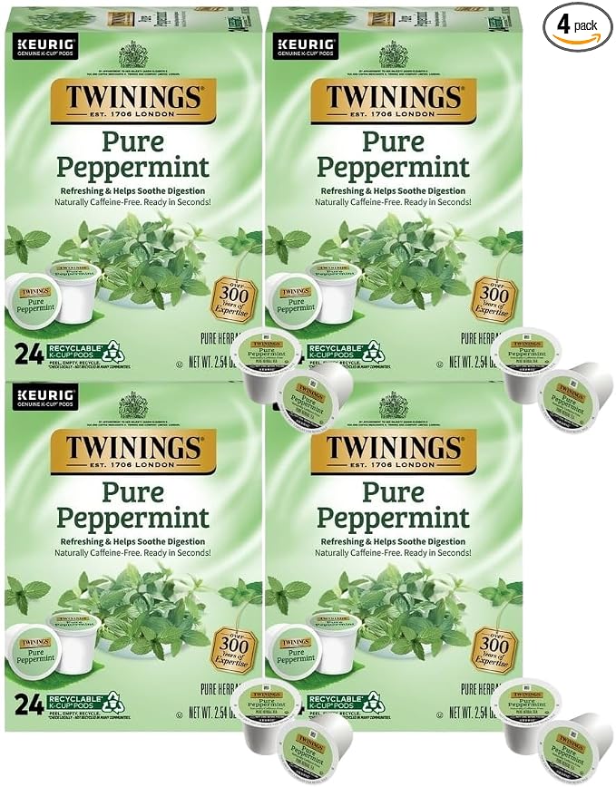 Twinings Pure Peppermint Tea Single Serve K-Cup Pods for Keurig, Naturally Caffeine Free, Made with 100% Pure Peppermint, 24 Count (Pack of 4)