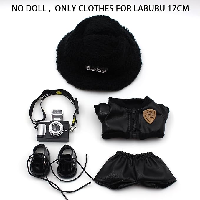 Original Design Doll Clothes Black Whole Set for 17cm Labubu with Hat,Jacket,Pants,Camera,Shoes(NO Doll)